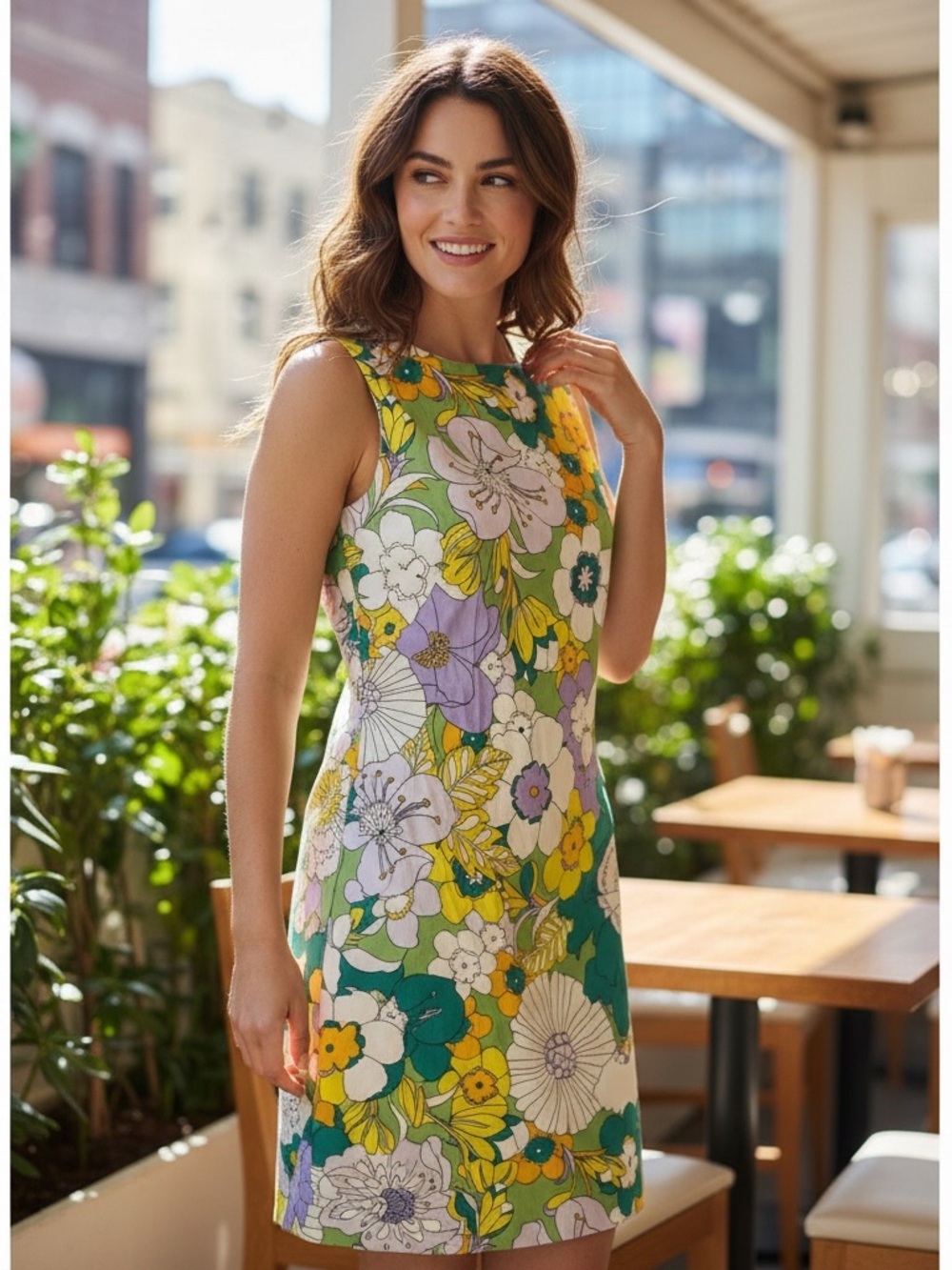 London Times Sleeveless Floral Shift Dress in Green and Yellow purple retro boho